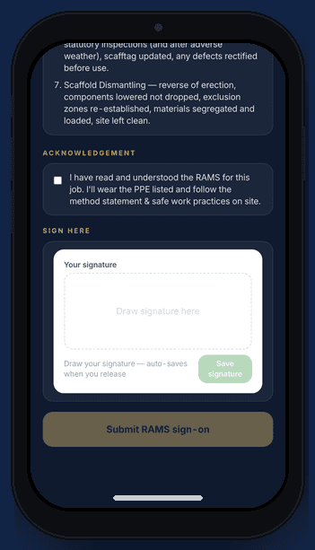 RAMS read and signed on site