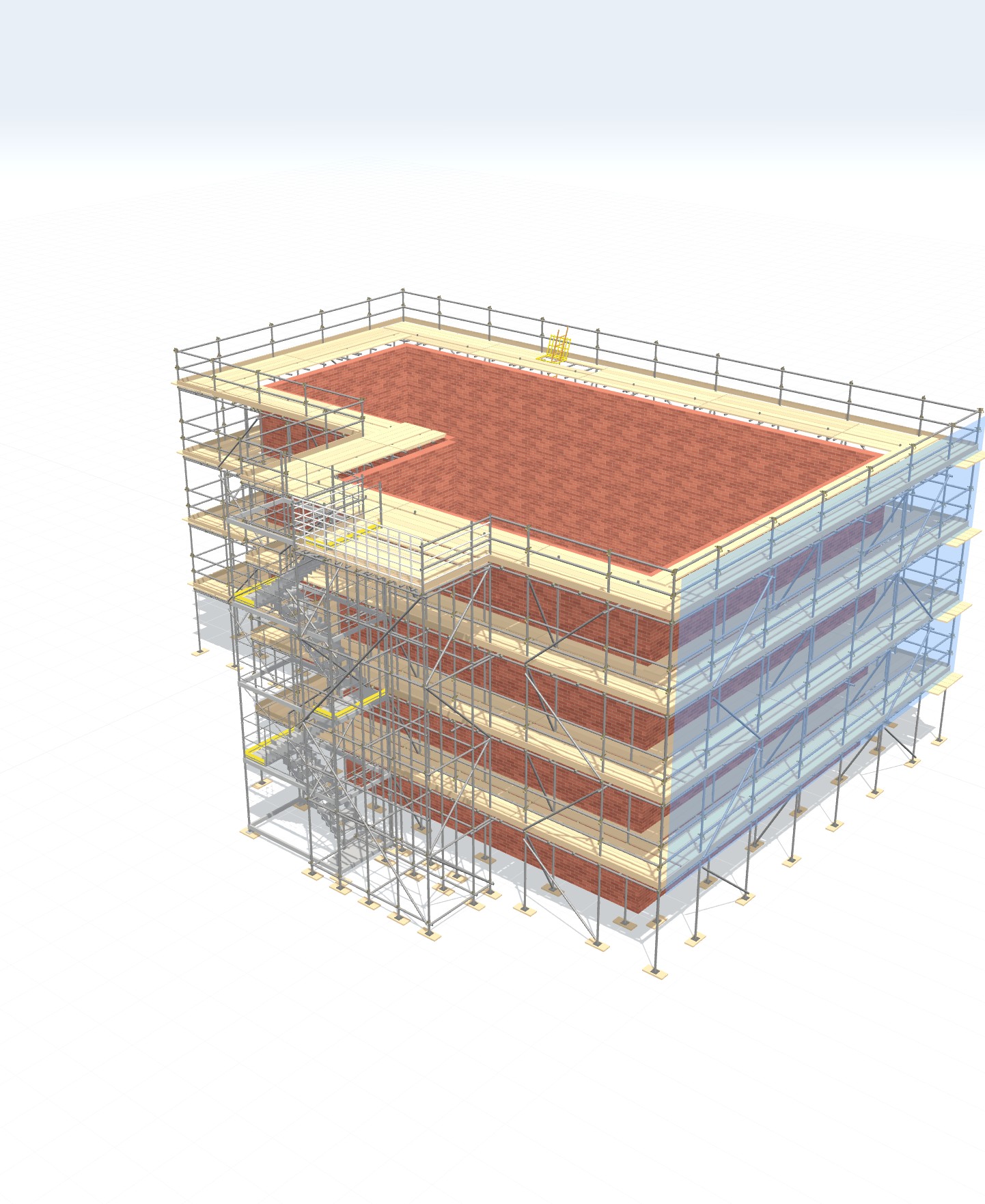 3D scaffold model with system staircase, loading bay and debris netting — built by the coming-soon quote builder