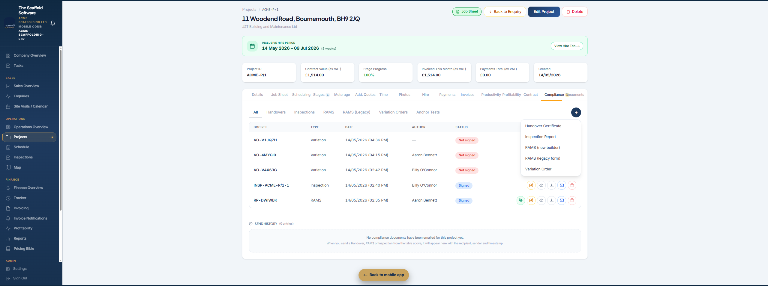 Project compliance documents — inspections, handovers and RAMS, signed and filed