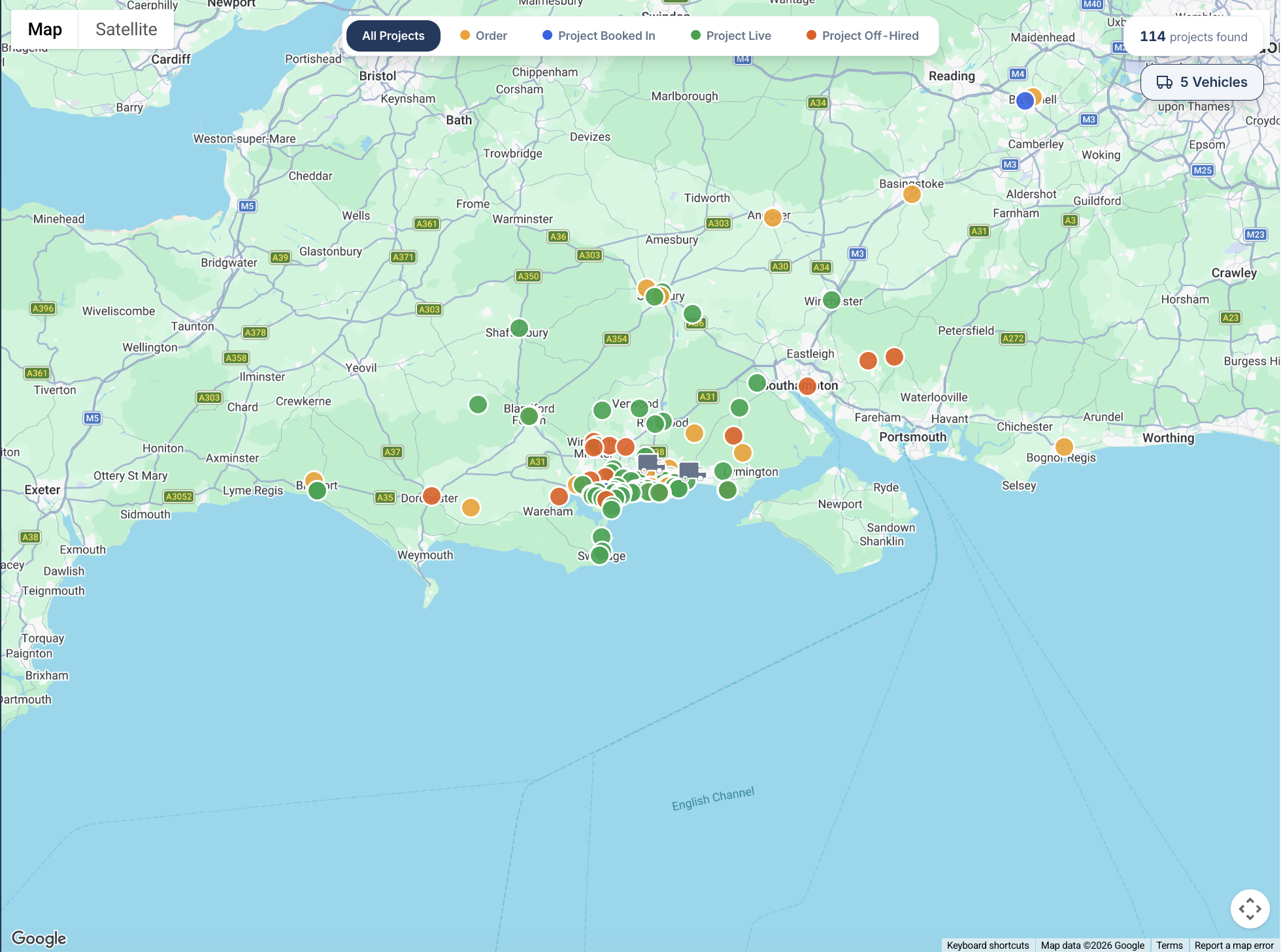 Map view — all live scaffolding jobs plotted for routing and planning