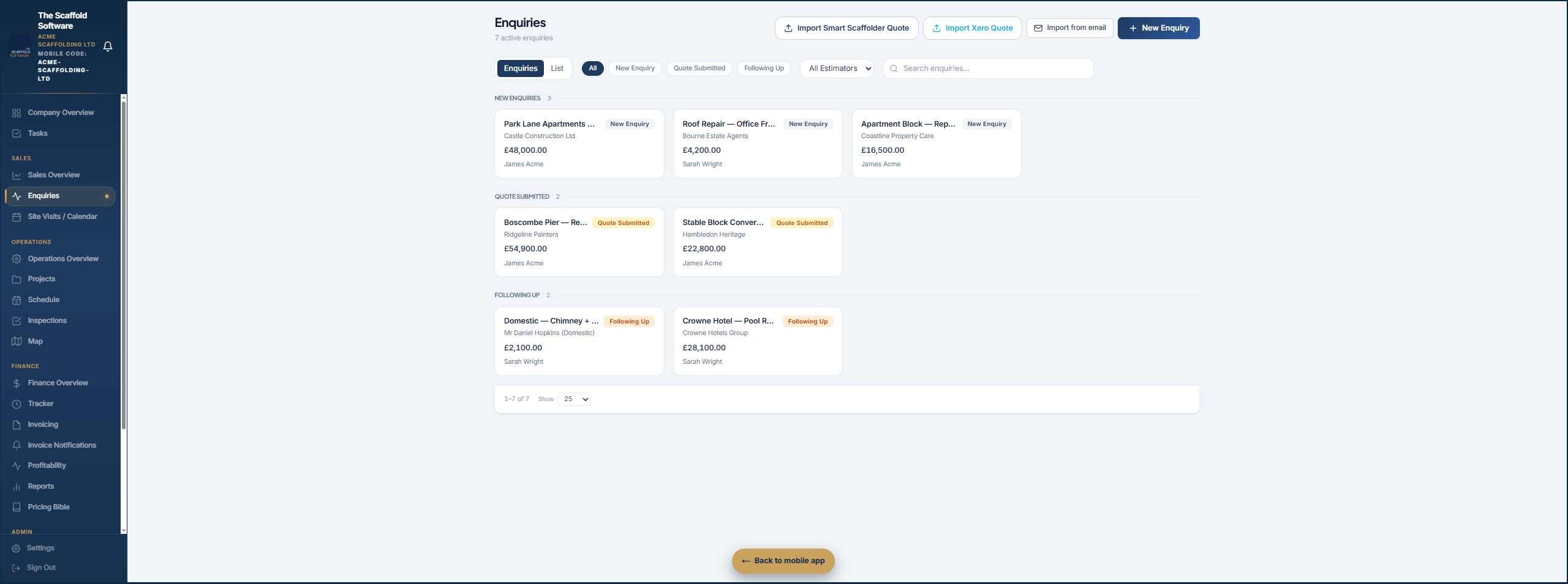 Scaffolding enquiry pipeline — new, quote submitted, following up and won