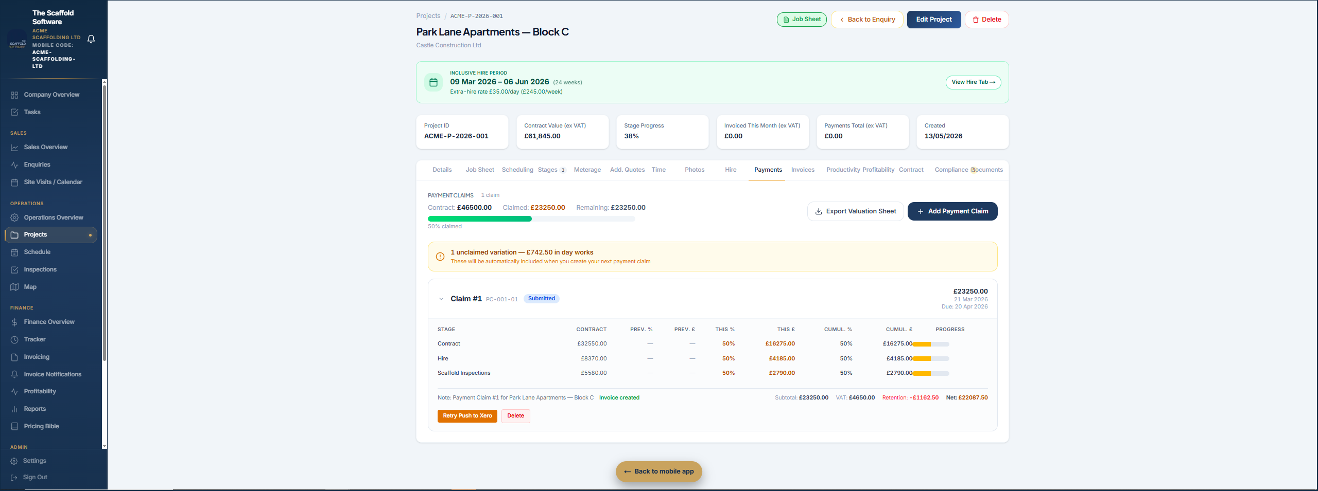 Payment claim — staged percentages with cumulative and this-period valuation roll-up for the QS