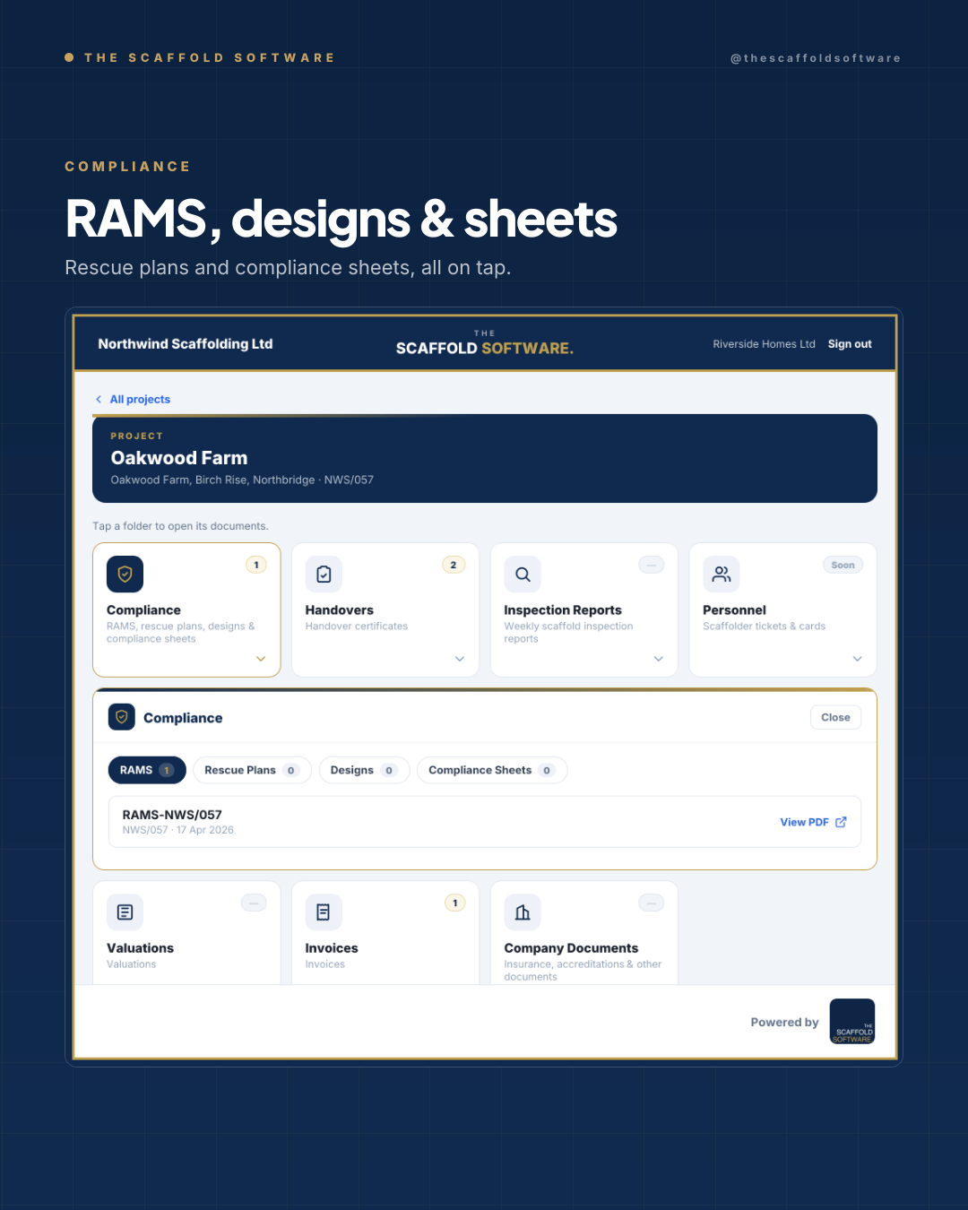 Compliance folder open — RAMS, rescue plans, designs and compliance sheets, viewable as PDFs