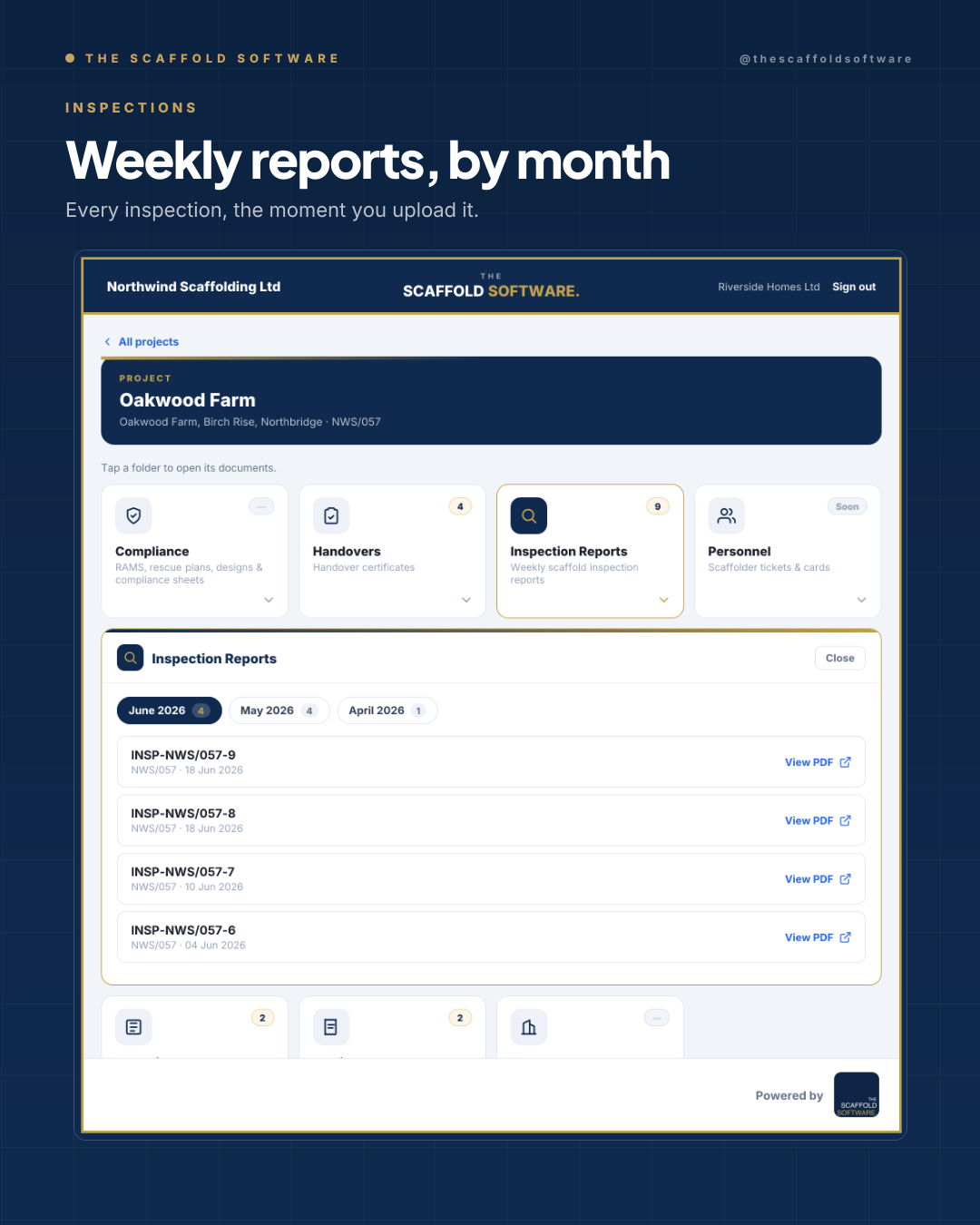 Weekly statutory inspection reports listed by month, each viewable as a PDF