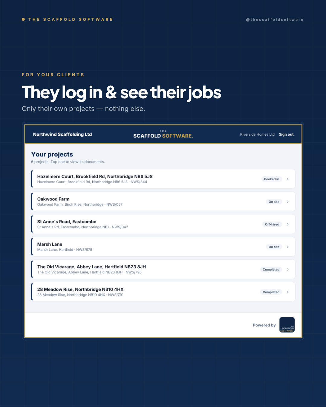 A client logs into the portal and sees only their own scaffolding projects