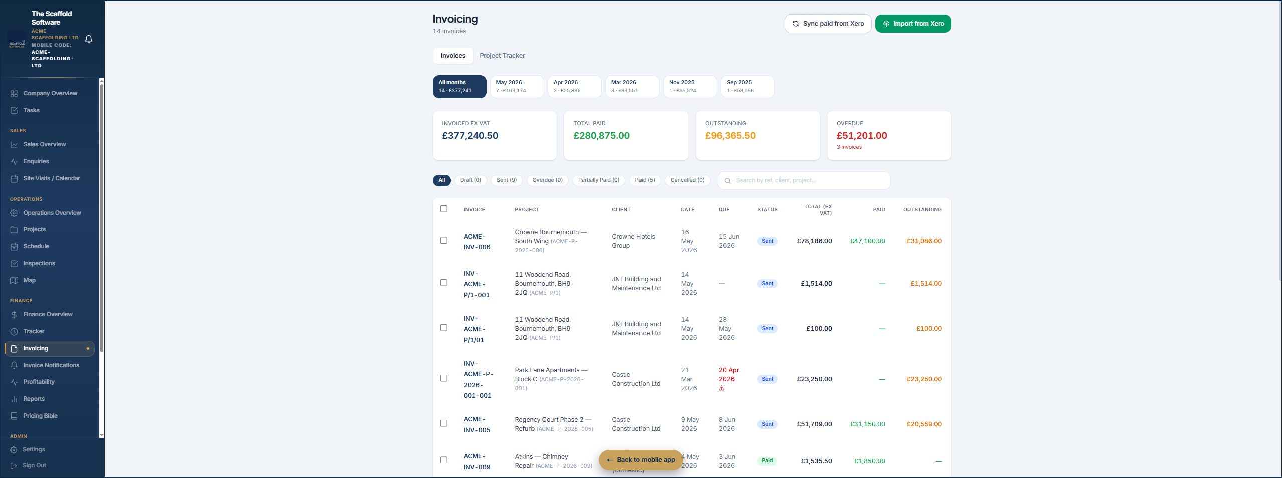 Project invoice — contract value, variations and claimed amounts rolled into a branded invoice