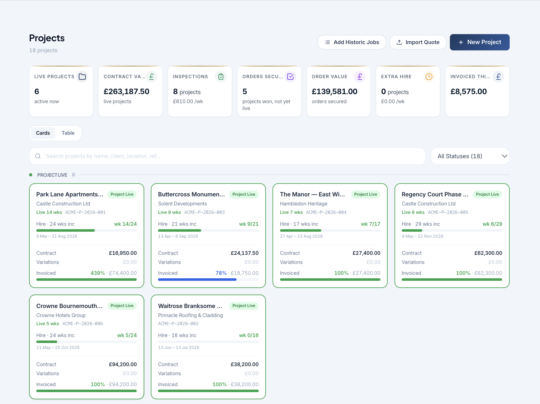 Projects list — live jobs with contract value, variations and invoiced progress