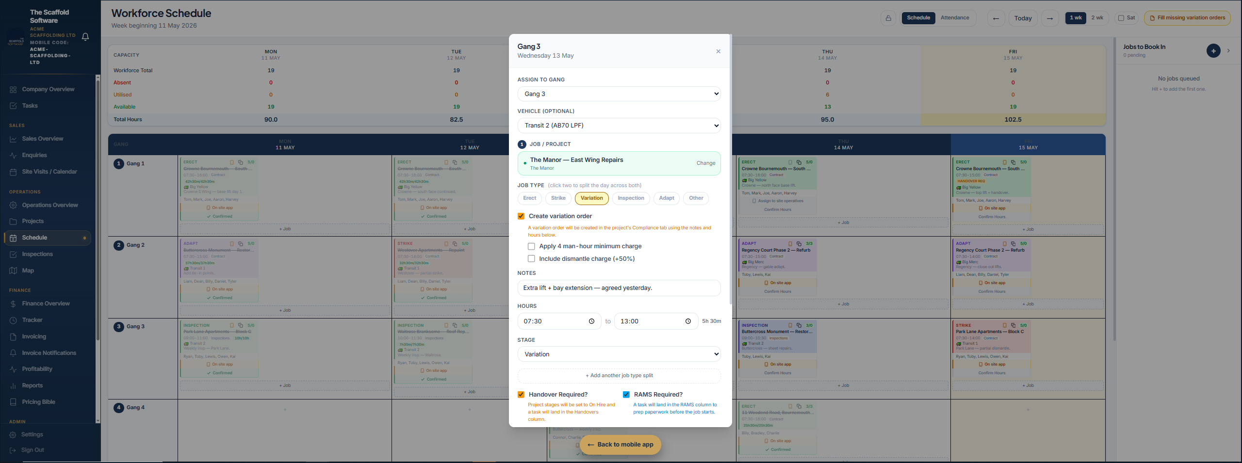 Schedule — capturing variations and day-works against an individual job
