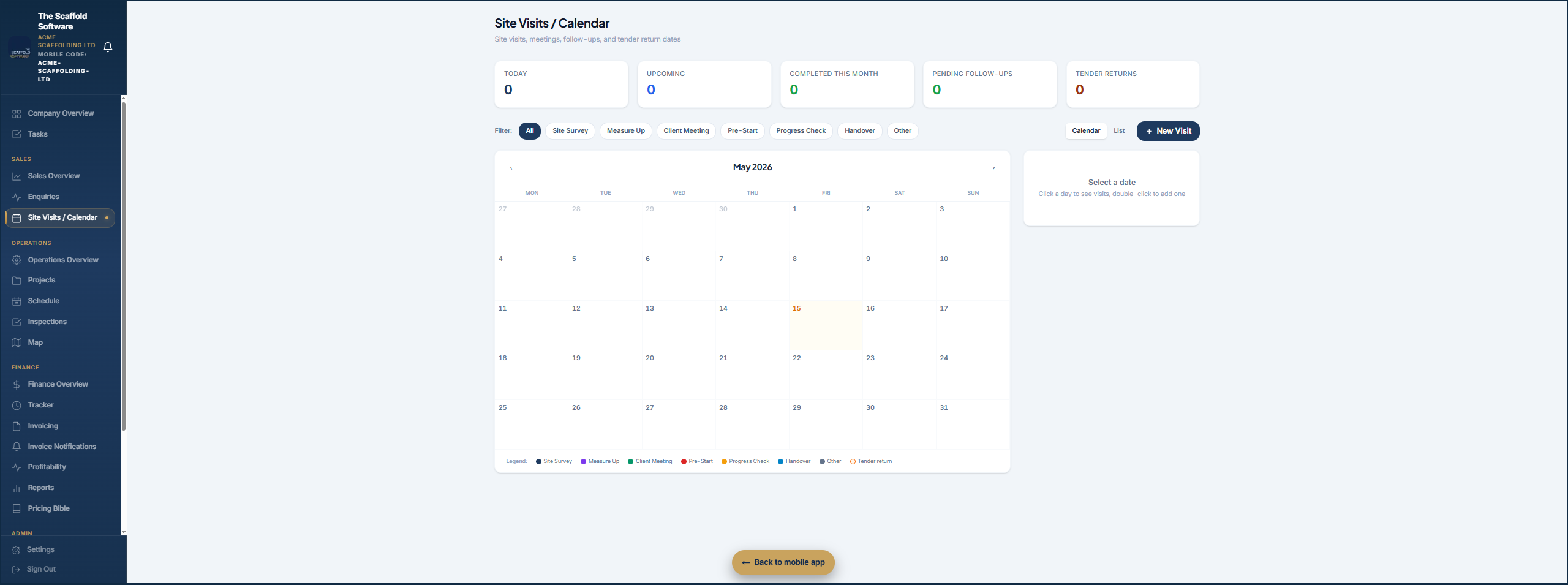 Site visit calendar — booked surveys and visits across the team diary
