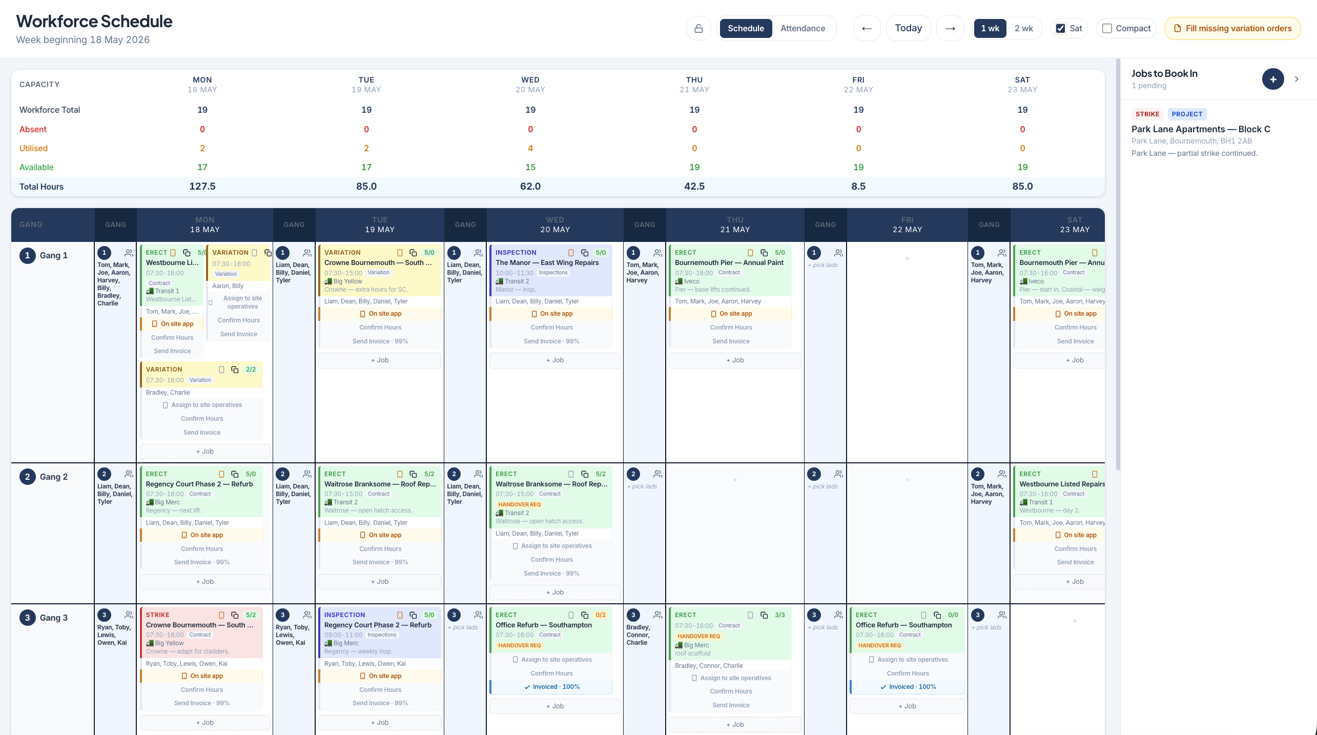 Weekly workforce schedule — gangs across the week with capacity totals and colour-coded job types